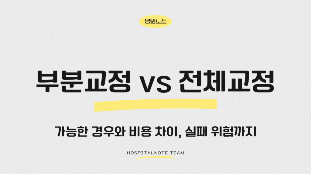 부분교정과 전체교정의 치료 범위·비용·기간 차이를 설명하는 치아교정 비교 대표 이미지