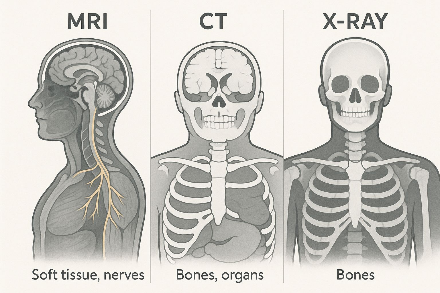 MRI, CT, X-ray의 차이를 한눈에 비교한 의료 일러스트. MRI는 뇌와 신경 등 연부조직, CT는 뼈와 장기, X-ray는 기본적인 뼈 상태 확인에 적합한 구조를 보여주는 개념도.