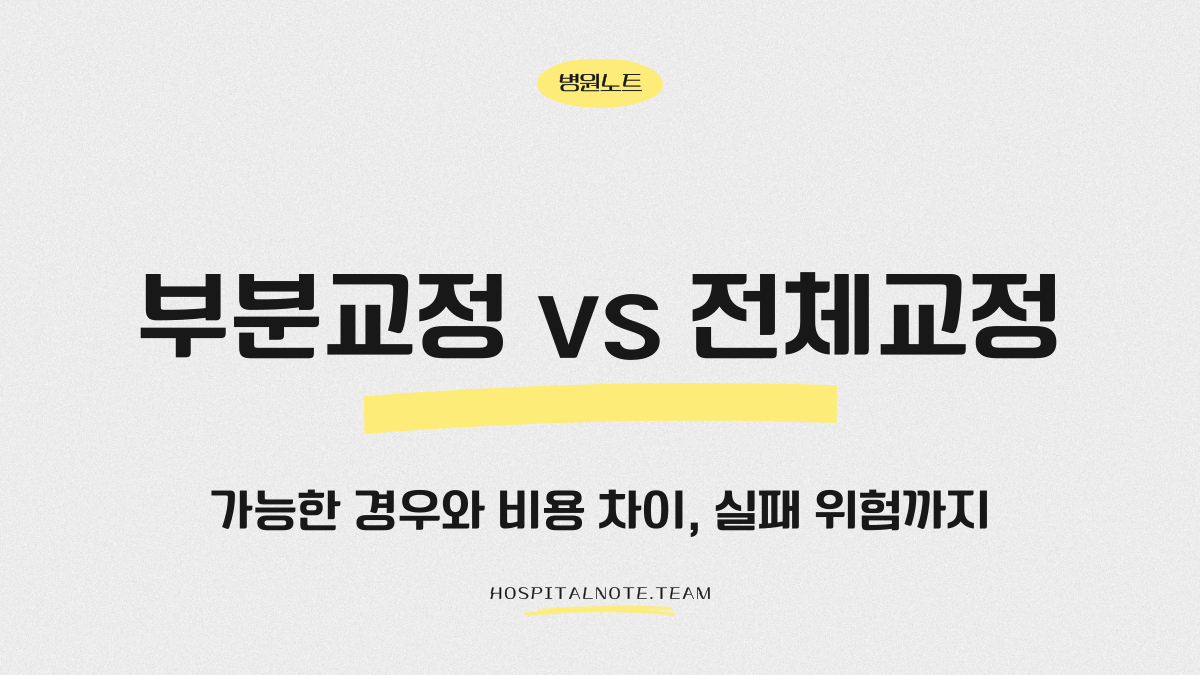 부분교정과 전체교정의 치료 범위·비용·기간 차이를 설명하는 치아교정 비교 대표 이미지