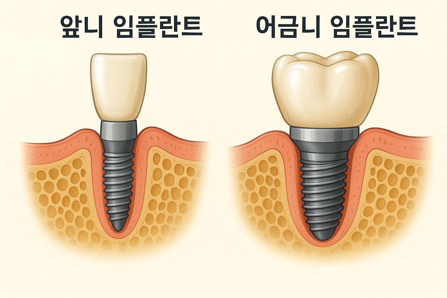 앞니 임플란트와 어금니 임플란트를 묘사한 이미지