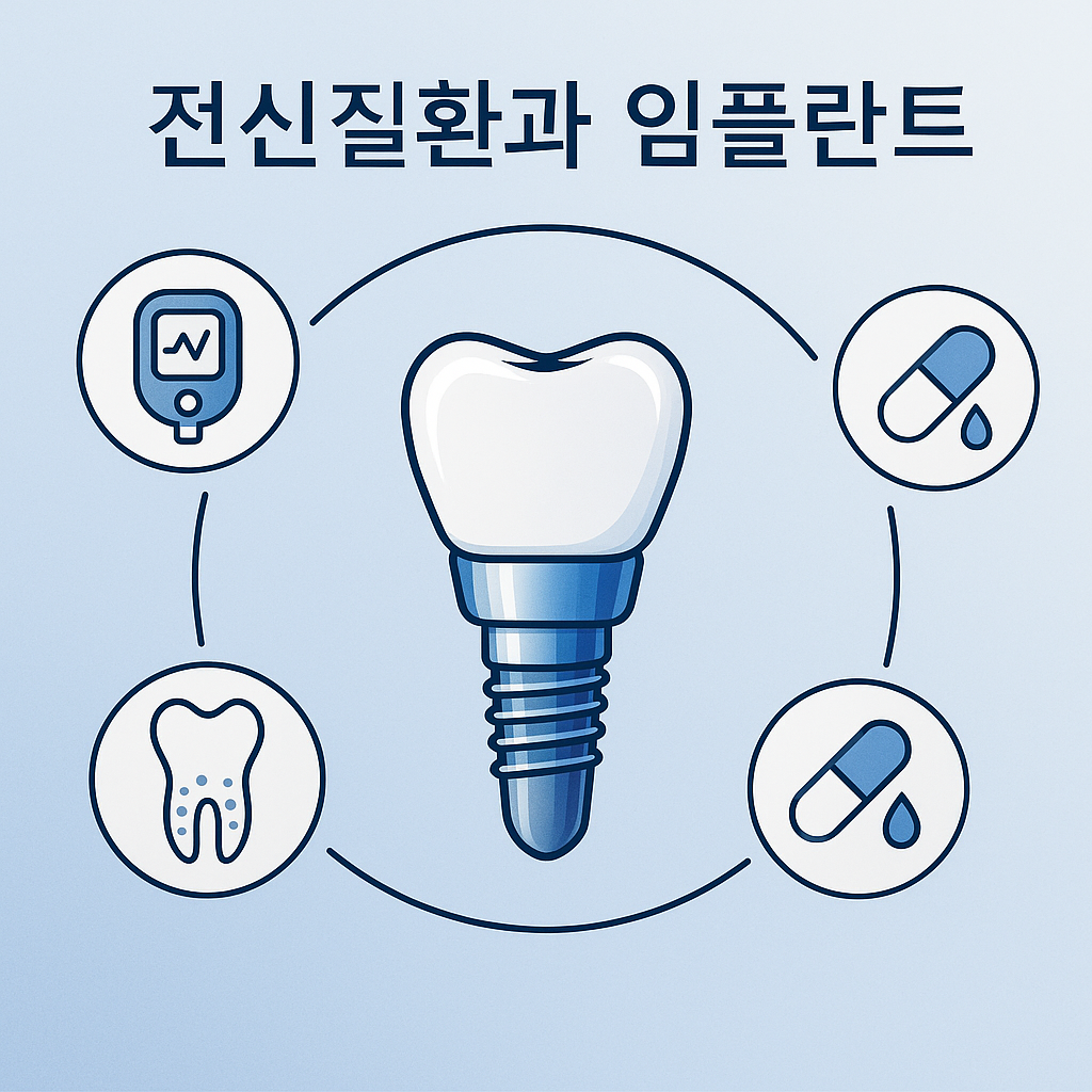 전신질환(당뇨·골다공증·항응고제 등) 있을 때 임플란트를 할 수 있는지 설명해주는 이미지